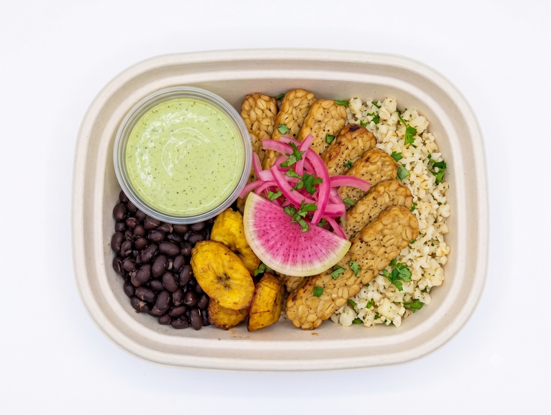 #2  Cuban-Inspired Bowl with Cilantro Jalapeño Crema - Tempeh (Vegan)