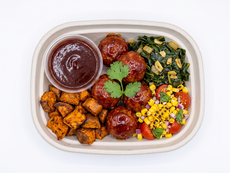 #4 BBQ Meatballs with Charred Corn Salad, Roasted Sweet Potato & Sautéed Collards - Turkey