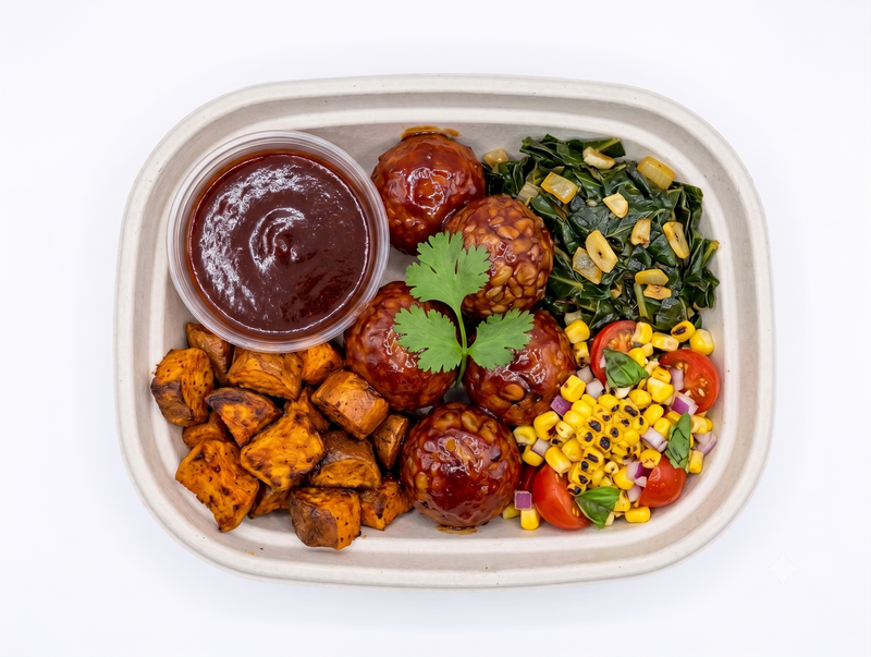 #4 BBQ Meatballs with Charred Corn Salad, Roasted Sweet Potato & Sautéed Collards - Tempeh (Vegan)
